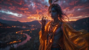 In a Christopher Nolan-inspired epic shot, the scene opens with a vast, sweeping view of a battlefield at dusk, the sky painted in dramatic shades of deep purple and fiery orange. The extreme wide-angle captures the vastness of the land, with distant hills and rivers shimmering in the fading light. In the heart of this cinematic landscape stands a man named Lord Krishna, his divine form glowing in the soft, fading sunlight. He is depicted mid-action, one hand raised in a gesture of divine counsel, his expression calm but commanding, exuding both wisdom and power. His blue skin radiates against the golden hues of his flowing yellow silk garments, which move subtly in the wind. In his other hand, the Sudarshan Chakra hovers, ready to strike with deadly precision, glowing with an ethereal light that pierces the twilight air. The cinematic lighting is masterful, casting dramatic highlights across Krishna’s face, accentuating the fine details of his crown adorned with peacock feathers and the calm intensity in his eyes. The camera smoothly transitions from this grand, wide-angle shot to an intimate portrait of Krishna, zooming in on his serene yet determined expression. His eyes reflect the balance of divine justice and compassion as he stands in the stillness before the storm, surrounded by an aura of light, perfectly capturing the tension and beauty of the moment. The scene blends Nolan’s signature high-stakes drama with a deeply spiritual atmosphere, creating an unforgettable cinematic moment.