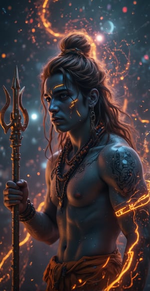 This **ultra HD 4K** portrait presents **Lord Shiva** in a powerful, traditional Indian form, radiating authentic **Indian vibes**. His muscular physique, symbolizing strength and resilience, is accentuated by his broad chest and defined arms, adorned with sacred **Rudraksha mala** around his neck. His wild, flowing **jataye** (matted hair) are tied in a topknot, with strands gracefully falling and the sacred **Ganga** flowing down from them. His face is calm yet filled with divine energy, smeared with **bhasm** (ash) on his forehead, and his deep, meditative eyes hold the wisdom of the cosmos. **Vasuki**, the serpent, coils around his neck, its intricate scales reflecting soft light, while in his strong hand, Shiva holds the glowing **Trishul** (trident), symbolizing his mastery over the universe. His waist is wrapped in a traditional **tiger-skin cloth**, adding to his Indian warrior appearance. The background is a vast, swirling **universe**, but with subtle elements of ancient Indian spirituality, as faint echoes of temples and celestial symbols emerge from the cosmic dust, infusing the scene with rich **Indian cultural heritage**. This detailed 4K portrait perfectly captures the divine power, tradition, and spiritual essence of **Mahadev**, steeped in Indian ethos and reverence.