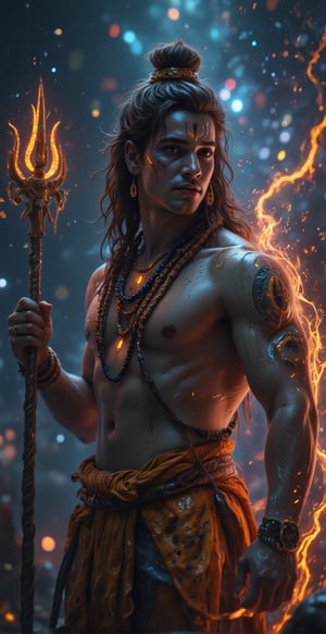 This **ultra HD 4K** portrait presents **Lord Shiva** in a powerful, traditional Indian form, radiating authentic **Indian vibes**. His muscular physique, symbolizing strength and resilience, is accentuated by his broad chest and defined arms, adorned with sacred **Rudraksha mala** around his neck. His wild, flowing **jataye** (matted hair) are tied in a topknot, with strands gracefully falling and the sacred **Ganga** flowing down from them. His face is calm yet filled with divine energy, smeared with **bhasm** (ash) on his forehead, and his deep, meditative eyes hold the wisdom of the cosmos. **Vasuki**, the serpent, coils around his neck, its intricate scales reflecting soft light, while in his strong hand, Shiva holds the glowing **Trishul** (trident), symbolizing his mastery over the universe. His waist is wrapped in a traditional **tiger-skin cloth**, adding to his Indian warrior appearance. The background is a vast, swirling **universe**, but with subtle elements of ancient Indian spirituality, as faint echoes of temples and celestial symbols emerge from the cosmic dust, infusing the scene with rich **Indian cultural heritage**. This detailed 4K portrait perfectly captures the divine power, tradition, and spiritual essence of **Mahadev**, steeped in Indian ethos and reverence.