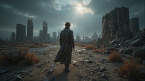 "Create 4k ultra HD, ultra-wide-angle cinematic shot of a **solitary man** walking through the barren, decaying remnants of an **abandoned Earth**, captured in the iconic **Christopher Nolan style**. The man, seen from behind, is dressed in a long, weather-beaten coat that flutters subtly in the harsh, dusty wind. His figure appears small, almost insignificant, against the vast, desolate landscape of **crumbling skyscrapers**, **broken highways**, and remnants of a once-thriving civilization, now overgrown with weeds and dust. 

The lighting is cold and muted, with **long shadows** cast by the low sun struggling to break through the heavy, overcast sky. The horizon stretches infinitely, blending the remnants of the human world with the dark, ominous clouds above. The ground is cracked, dry, and lifeless, with fragments of debris scattered everywhere, hinting at the catastrophic events that led to this abandonment. The man’s silhouette is sharp, highlighted by the dim sunlight, creating a stark contrast with the faded, destroyed environment around him. 

The camera’s extra-wide angle emphasizes the scale of the desolation, making the viewer feel the overwhelming emptiness of this **post-apocalyptic** setting. The subtle use of **Nolan-esque lighting** and **deep, rich shadows** adds depth to the scene, creating an emotionally charged, reflective moment as the man walks alone into the unknown, with a sense of both loss and determination. The environment looms over him, creating a hauntingly beautiful yet eerie atmosphere." 

This will capture the essence of an abandoned Earth in a **Christopher Nolan-style**, with a deeply cinematic and emotionally intense portrayal of solitude and abandonment.