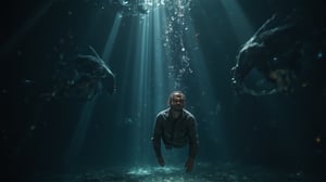 A slow, breathtaking shot of a man sinking in the depths of a dark, endless ocean. His body drifts weightlessly, illuminated by rays of light piercing the water from above. Giant, shadowy forms can be seen moving in the distance, but the ocean remains silent. Bubbles rise slowly around the man as he descends deeper into the abyss. The scene captures the overwhelming scale of the ocean, with the man appearing tiny and fragile compared to the vast, dark waters. The ultra HD 4k quality makes every ripple of water, every subtle shift of light, and the texture of the man’s clothes stand out vividly. The shot conveys a sense of isolation and insignificance, set against the boundless unknown.