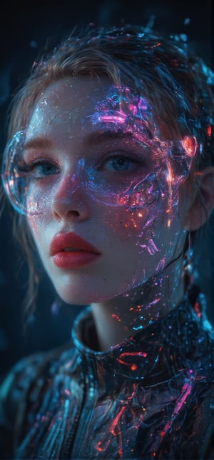 Sci girl portrait with futuristic transparent goggles with lighting, and helmet, cute face, eyes lips,, neon lighting 