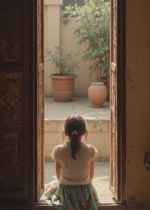 Create a serene and charming scene of a cute Indian girl sitting at the doorway of a traditional Indian house. She is dressed in a simple blouse and a colorful lower, with her hair loosely tied back. The house has earthy tones, with detailed wooden doors and a rustic ambiance. The girl sits comfortably, her expression relaxed and content, as she gazes outside. Sunlight softly filters through, casting a warm glow on her and the surroundings. The background includes elements like earthen pots, a courtyard, and greenery, evoking a peaceful, homely vibe in an Indian rural or semi-urban setting. The overall mood is calm and endearing, reflecting simplicity and traditional beauty.