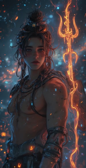 The portrait in **ultra HD 4K** resolution showcases a **muscular Lord Shiva**, his well-defined physique exuding both power and serenity. His broad, muscular chest and arms are prominently visible, with veins subtly coursing along his strong forearms, as he holds his glowing **Trishul** (trident) with ease. His wild, flowing **jataye** (matted hair) are coiled in a topknot with loose strands, from which the sacred **Ganga** flows. His face, calm yet commanding, is smeared with **bhasm** (ash) on his forehead, and his deep, half-closed eyes radiate wisdom and strength. Around his neck, a **Rudraksha mala** rests alongside the coiled serpent **Vasuki**, its intricate scales shimmering in the soft cosmic light. The backdrop is a swirling, infinite **universe**, with stars and galaxies blending with his divine aura, emphasizing his cosmic dominance. This highly detailed **4K** portrait captures the balance of Shiva's raw strength and spiritual transcendence.