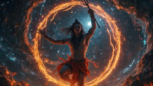 The image captures Lord Shiva in the midst of his powerful Tandava dance. His body is a blur of movement, muscles tense, his trident whirling in one hand, and the other raised in divine rhythm. The serpents around his neck flare outward with the force of his motion. The background is a vast, swirling cosmos, with stars and galaxies bending around him, reflecting the destruction and creation inherent in his dance. The wide shot emphasizes the swirling energy and the vastness of space, with intricate details visible in the movement of his flowing locks and the fire that encircles him, reminiscent of Nolan's sweeping, complex cinematic shots