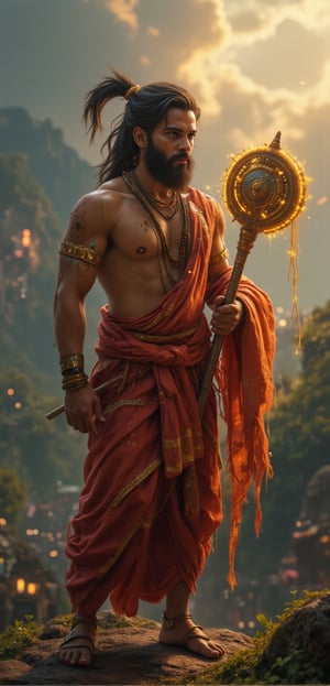 In this **ultra HD 4K** portrait, **Lord Hanuman** is depicted in a strong, traditional **Indian pose**, embodying loyalty, strength, and devotion. Hanuman, a powerful **man-god**, stands tall with his muscular, well-defined body exuding divine energy. His broad chest and powerful arms are adorned with sacred **Rudraksha malas** and golden armbands, symbolizing his immense strength and devotion. His skin is a divine golden hue, and his expressive face is both fierce and compassionate, crowned with a traditional **mukut** (crown). His eyes, filled with unwavering devotion, are fixed forward, reflecting his eternal loyalty to Lord Ram. His face is calm yet resolute, with an aura of spiritual grace.

Hanuman’s tail curls upward behind him, adding to his powerful stance, while in his right hand, he holds a large, intricately designed **gada** (mace), glowing with divine energy. His **dhoti**, made of fine red silk with gold trim, wraps around his waist, and a sacred thread runs across his broad chest. The details of his attire are rich in traditional Indian craftsmanship, with golden accents and jewels reflecting his divine status. His posture is upright and heroic, exuding the strength of a protector.

The background is a vast **Indian forest landscape**, symbolizing his adventures and deep connection to nature. In the distance, the sky is filled with soft, golden light, and faint traces of ancient temples can be seen, evoking the ambiance of **ancient India**. The intricate details of Hanuman’s mace, attire, and facial expressions are rendered in stunning 4K resolution, highlighting every fine detail of his divine form. This portrait captures the essence of **Hanuman**, blending **Indian tradition** with his divine role as the ultimate symbol of devotion and strength.