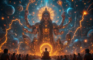 "Create an awe-inspiring, ultra-detailed portrait of **Lord Krishna's Vishvaroop** as depicted in the Bhagavad Gita during the Mahabharata war. Krishna is shown in his cosmic, all-encompassing form, with countless heads, eyes, and limbs radiating divine energy in all directions. His form should be vast and infinite, stretching beyond the confines of the image to represent the entirety of the universe. Multiple faces should reflect various emotions—compassion, anger, tranquility, and power—each face glowing with divine brilliance. His skin is radiant, shimmering with hues of blue and gold, symbolizing eternity and the boundless nature of the cosmos. Surrounding Krishna, there should be celestial beings, sages, gods, and goddesses, who are both in awe and reverence of his immense power. The background is a swirling, cosmic expanse filled with galaxies, stars, and nebulae, blending the infinite time and space. You can see elements of creation and destruction—planets being formed and others collapsing—illustrating his role as the creator, sustainer, and destroyer. In one hand, Krishna holds a mighty discus (Sudharshan Chakra) spinning with tremendous speed, symbolizing the cycle of life and death. His other hands hold various divine weapons and sacred symbols, emphasizing his role as the protector of dharma. The scene is illuminated by a supernatural glow, with lightning bolts striking around him, as if the very fabric of reality is bending to his will. Arjun, seated in his chariot in the foreground, looks up at Krishna with awe and fear, his bow Gandiva lowered in surrender, reflecting his humility and realization of the divine truth. This portrait should convey a sense of overwhelming power, divinity, and the incomprehensible nature of the universe, captured in an intricate, cinematic style with ultra-HD, 4K resolution, blending ancient Indian traditional art with modern cosmic aesthetics."