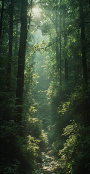 A cinematic wide-angle, ultra 4K HD wallpaper of an untouched, dense forest. Tall, ancient trees rise high, their branches intertwined, creating a natural canopy that allows rays of sunlight to filter through. The forest floor is lush with moss, ferns, and small streams winding through the underbrush. Light fog weaves between the trees, giving the scene an ethereal, mystical quality. The depth of the forest invites the viewer to explore, with layers of greenery stretching deep into the distance, symbolizing nature's serenity and untamed beauty.