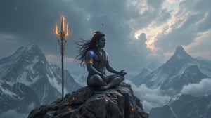 Lord Shiva is seated in a deep meditative pose atop a towering Himalayan peak, the cold wind sweeping through his ash-covered skin and dreadlocks. His face is serene, eyes half-closed, with the crescent moon resting on his head. The backdrop features immense snow-capped mountains and swirling clouds, blending with the horizon in Nolan-esque grandeur. His snake, Vasuki, is coiled around his neck, shimmering under the faint sunlight breaking through the stormy sky. The wide-angle shot captures the massive scale of the mountains against Shiva’s small yet powerful form, with intricate details in his trident, planted firmly beside him, radiating cosmic energy.