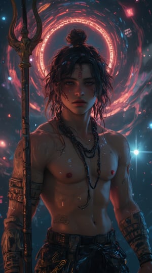 The portrait in **ultra HD 4K** resolution showcases a **muscular Lord Shiva**, his well-defined physique exuding both power and serenity. His broad, muscular chest and arms are prominently visible, with veins subtly coursing along his strong forearms, as he holds his glowing **Trishul** (trident) with ease. His wild, flowing **jataye** (matted hair) are coiled in a topknot with loose strands, from which the sacred **Ganga** flows. His face, calm yet commanding, is smeared with **bhasm** (ash) on his forehead, and his deep, half-closed eyes radiate wisdom and strength. Around his neck, a **Rudraksha mala** rests alongside the coiled serpent **Vasuki**, its intricate scales shimmering in the soft cosmic light. The backdrop is a swirling, infinite **universe**, with stars and galaxies blending with his divine aura, emphasizing his cosmic dominance. This highly detailed **4K** portrait captures the balance of Shiva's raw strength and spiritual transcendence.