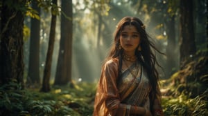 In a stunning cinematic portrait, Maata Sita gazes directly into the camera with a serene yet powerful expression, her eyes reflecting a quiet strength and inner grace. She is adorned in a traditional Indian saree, its soft fabric flowing gracefully around her, shimmering subtly in the dappled sunlight filtering through the dense forest canopy. Her attire is richly detailed with intricate embroidery, while delicate Indian jewelry, including gold bangles, earrings, and a simple yet elegant maang tika, adorn her. The background reveals a lush, verdant forest, with towering trees and soft beams of light piercing through the foliage, creating an ethereal atmosphere. The environment is both grand and tranquil, with leaves gently rustling in the breeze and the faint sounds of nature enveloping the scene. Sita stands tall amidst this divine setting, her posture regal, yet embodying humility and purity. The cinematic shot captures her as an embodiment of nature's beauty and divine strength, with the forest framing her in all its majesty, enhancing her timeless aura.