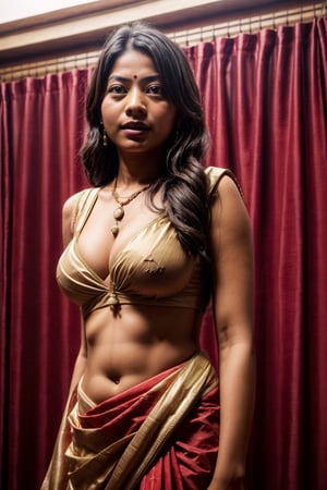 Rashmika mandana Indian girl in saree, big breasts, stomach visible, feminine body language 