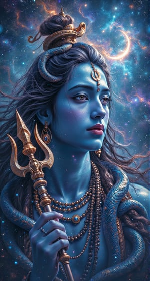 The subject is Lord Shiva, portrayed in a striking portrait that captures his divine essence within a cosmic backdrop. His features include a serene yet powerful expression, with his blue skin symbolizing the vastness of the universe and his long, flowing hair adorned with the crescent moon. A serpent gracefully coils around his neck, embodying his mastery over fear and the cycle of life and death. In his right hand, he holds a magnificent trident (Trishula), which gleams with cosmic energy, representing his role as the destroyer of ignorance and the protector of truth. The background is a mesmerizing blend of the universe, with swirling galaxies, shimmering stars, and vibrant nebulae that echo the colors of the cosmos, creating an ethereal atmosphere. The image style is hyperrealistic, highlighting the intricate details of Shiva's form, the texture of the serpent's scales, and the radiant glow of the trident against the cosmic expanse. The environment is dynamic and alive, where the elements of the universe and Shiva’s divine presence merge, embodying the eternal dance of creation and destruction. This portrait captures the essence of Lord Shiva as not only a deity but also as a cosmic force, harmonizing with the infinite beauty of the universe.