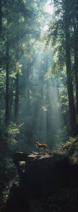 A wide-angle shot captures the untouched beauty of an isolated forest, surrounded by towering trees with rays of sunlight filtering through the canopy, casting an ethereal glow. In the middle, a lone fox stands on a rocky outcrop, its orange fur gleaming against the backdrop of deep greens and soft blues. The camera perspective emphasizes the vastness of nature, with the fox appearing small yet central, symbolizing resilience in the wilderness. The scene feels quiet yet powerful, evoking a sense of solitude and tranquility.