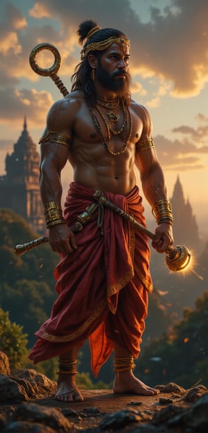 In this **ultra HD 4K** portrait, **Lord Hanuman** is depicted in a strong, traditional **Indian pose**, embodying loyalty, strength, and devotion. Hanuman, a powerful **man-god**, stands tall with his muscular, well-defined body exuding divine energy. His broad chest and powerful arms are adorned with sacred **Rudraksha malas** and golden armbands, symbolizing his immense strength and devotion. His skin is a divine golden hue, and his expressive face is both fierce and compassionate, crowned with a traditional **mukut** (crown). His eyes, filled with unwavering devotion, are fixed forward, reflecting his eternal loyalty to Lord Ram. His face is calm yet resolute, with an aura of spiritual grace.

Hanuman’s tail curls upward behind him, adding to his powerful stance, while in his right hand, he holds a large, intricately designed **gada** (mace), glowing with divine energy. His **dhoti**, made of fine red silk with gold trim, wraps around his waist, and a sacred thread runs across his broad chest. The details of his attire are rich in traditional Indian craftsmanship, with golden accents and jewels reflecting his divine status. His posture is upright and heroic, exuding the strength of a protector.

The background is a vast **Indian forest landscape**, symbolizing his adventures and deep connection to nature. In the distance, the sky is filled with soft, golden light, and faint traces of ancient temples can be seen, evoking the ambiance of **ancient India**. The intricate details of Hanuman’s mace, attire, and facial expressions are rendered in stunning 4K resolution, highlighting every fine detail of his divine form. This portrait captures the essence of **Hanuman**, blending **Indian tradition** with his divine role as the ultimate symbol of devotion and strength.