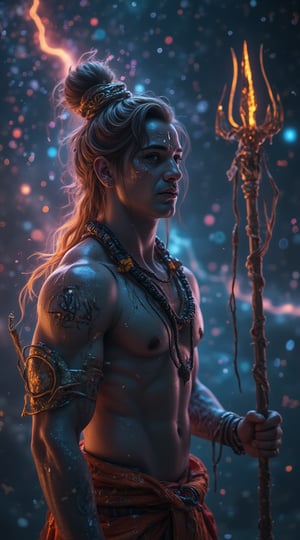 The portrait in **ultra HD 4K** resolution showcases a **muscular Lord Shiva**, his well-defined physique exuding both power and serenity. His broad, muscular chest and arms are prominently visible, with veins subtly coursing along his strong forearms, as he holds his glowing **Trishul** (trident) with ease. His wild, flowing **jataye** (matted hair) are coiled in a topknot with loose strands, from which the sacred **Ganga** flows. His face, calm yet commanding, is smeared with **bhasm** (ash) on his forehead, and his deep, half-closed eyes radiate wisdom and strength. Around his neck, a **Rudraksha mala** rests alongside the coiled serpent **Vasuki**, its intricate scales shimmering in the soft cosmic light. The backdrop is a swirling, infinite **universe**, with stars and galaxies blending with his divine aura, emphasizing his cosmic dominance. This highly detailed **4K** portrait captures the balance of Shiva's raw strength and spiritual transcendence.