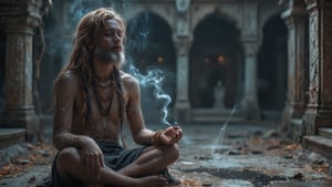 A solitary Indian sadhu sits cross-legged, his body smeared with ash (bhasm) that highlights his intense, meditative presence. He wears a garland of rudraksha beads around his neck, their earthy tones contrasting against the pale ash on his skin. His eyes are closed in deep contemplation, and his long, unkempt hair falls over his shoulders. Surrounding him is a thin veil of smoke, rising from an incense or small sacred fire nearby, giving the scene an ethereal, mystical quality. The atmosphere is heavy with stillness, interrupted only by the soft curls of smoke that weave through the air. In the background looms an ancient, abandoned haveli, its crumbling walls and intricate, faded carvings telling stories of a forgotten era. The haveli, with its weathered stone and overgrown vines, adds a haunting, timeless backdrop to the sadhu’s presence, symbolizing the contrast between worldly decay and spiritual transcendence. The composition focuses on the sadhu’s serenity, framed by the eerie silence of the deserted mansion, creating a cinematic, almost otherworldly visual experience.