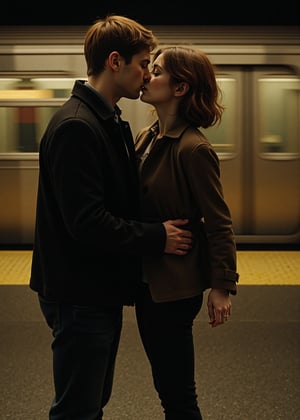 Create a cinematic, intimate moment of a couple sharing a kiss on a subway platform. The couple should be young, with one person having short, reddish-brown hair and wearing dark clothing, and the other with wavy, shoulder-length brown hair, wearing a loose jacket over a dark outfit. The setting features a subway train speeding by in the background, with the blurred motion contrasting the stillness of the couple. The lighting is dim, with a warm, yellowish glow reflecting off the train, creating a moody, romantic atmosphere. The overall image evokes a sense of connection amidst the urban hustle, with soft, tender emotions at the forefront.