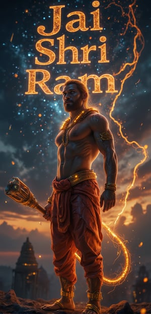 In this **cinematic ultra HD 4K** portrait, **Lord Hanuman** is depicted in his true divine and **monkey-like form**, radiating strength, devotion, and unwavering loyalty to **Lord Ram**. Hanuman's face is distinctly that of a **monkey**, with expressive eyes filled with divine wisdom and devotion, his features fierce yet compassionate. His strong, muscular body glows with divine energy, every muscle on his broad chest and arms intricately detailed, showcasing his immense power as a warrior. His **tail**, long and powerful, curls behind him in a dynamic pose, symbolizing his readiness for action.

In his right hand, Hanuman holds his iconic **gada** (mace), a massive, intricately carved weapon glowing with celestial energy, emphasizing his role as the protector and servant of **Lord Ram**. His body is draped in a traditional **dhoti**, with golden jewelry and sacred threads adorning his muscular form, adding to the divine aura around him. His eyes, filled with the glow of eternal devotion, reflect his deep **bhakti** (devotion) to Lord Ram, making him the perfect symbol of selfless service.

The background is a vast cosmic sky with the name **"Jai Shri Ram"** written in the heavens, spread across in glowing, golden letters, symbolizing Hanuman’s eternal loyalty. The letters seem to echo in the vast sky, filling the atmosphere with divine energy. The cinematic lighting enhances the heroic pose of Hanuman, his tail and **gada** gleaming, while the swirling clouds and faint outlines of ancient temples in the distance bring out the essence of **Indian culture**. This portrait captures the divine warrior in his ultimate form, blending **Hanuman’s monkey-like appearance**, his strength, and his devotion, all in a grand, cinematic display.