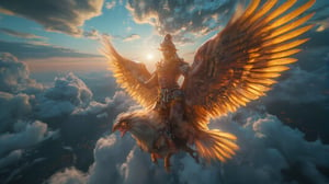 In a dramatic, wide-angle shot inspired by Christopher Nolan’s style, Lord Vishnu is depicted alongside his celestial vehicle, Garuda, soaring high above the clouds. The expansive sky forms a breathtaking backdrop, filled with vibrant hues of blue and gold as the sun breaks through the clouds. Vishnu, portrayed as a heroic male figure, stands confidently on Garuda's back, his hands raised in a protective gesture. The lighting captures the dynamic movement of the scene, casting a golden glow around him, highlighting his divine aura. His attire is rich with intricate patterns, reflecting his status as a protector of dharma. The camera captures the sheer height and majesty of the moment, transitioning to an intimate portrait of Vishnu, focusing on his determined expression and the strength in his posture, embodying the essence of a male deity ready to defend the universe against all evils.