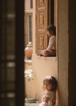 Create a serene and charming scene of a cute Indian girl sitting at the doorway of a traditional Indian house. She is dressed in a simple blouse and a colorful lower, with her hair loosely tied back. The house has earthy tones, with detailed wooden doors and a rustic ambiance. The girl sits comfortably, her expression relaxed and content, as she gazes outside. Sunlight softly filters through, casting a warm glow on her and the surroundings. The background includes elements like earthen pots, a courtyard, and greenery, evoking a peaceful, homely vibe in an Indian rural or semi-urban setting. The overall mood is calm and endearing, reflecting simplicity and traditional beauty.