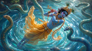 Lord Krishna is depicted gracefully floating above serene waters, surrounded by a magnificent display of serpents, their vibrant colors contrasting with the tranquil blue of the water. He stands in a relaxed pose, exuding divine confidence and charm, adorned in flowing yellow silk garments that ripple gently in the breeze. His radiant blue skin glows against the backdrop, and his large, expressive eyes reflect both mischief and wisdom. A crown of peacock feathers rests atop his head, glistening with jewels, while intricate gold jewelry adorns his neck, arms, and wrists. The serpents, with their sinuous bodies and jewel-studded hoods, encircle Krishna protectively, their eyes glinting with reverence and admiration. As he plays his flute, the enchanting melody resonates through the air, creating an atmosphere of divine harmony. The water below sparkles with reflections of Krishna and the serpents, enhancing the ethereal quality of the scene, while delicate ripples spread outward, symbolizing the impact of his divine presence. The scene captures a moment of serene beauty and cosmic significance, portraying Krishna as a protector and a beloved figure among both gods and nature.