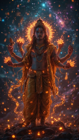 "Create an ultra-HD, highly detailed **horizontal portrayal of Lord Vishnu** in his **Chaturbhuj (four-armed) form**, with his serene and divine expression at the center of the composition. Vishnu, the preserver and protector of the universe, is depicted with a calm, benevolent face, radiating peace and divinity. His skin is a deep, cosmic blue, representing the infinite nature of the universe, and his eyes are soft yet full of wisdom, symbolizing his eternal vigilance over the cosmos. His crown, intricately detailed, shines with celestial gems, symbolizing his supreme authority over all creation.

In his four arms, each hand holds a significant object that represents his divine powers: the **Shankha (conch)** in his upper left hand, representing the primordial sound of creation, is glowing softly as if resonating through the cosmos. The **Sudarshana Chakra (discus)** in his upper right hand spins subtly, emitting radiant light that symbolizes the destruction of evil and the protection of righteousness. His lower right hand holds a **Gada (mace)**, its intricate designs symbolizing strength and power, ready to crush any forces of adharma (injustice). Finally, in his lower left hand, he holds the **Padma (lotus)**, a symbol of purity and spiritual liberation, the petals gently unfurling as if floating in the cosmic expanse.

The background of the image is a swirling, dynamic blend of **cosmic elements**, with nebulae, stars, and galaxies swirling around Vishnu, highlighting his role as the protector of the universe. The **Garuda**, Vishnu’s eagle mount, is faintly visible in the background, soaring through the stars, ready to carry his lord at a moment’s notice. Behind Vishnu, a soft golden aura emanates, blending seamlessly with the cosmic background, symbolizing his divine presence that pervades all of existence.

Vishnu’s attire is traditional, with a **rich golden dhoti**, intricately patterned and flowing gracefully in the cosmic wind. His body is adorned with celestial jewelry: bracelets, armlets, and a radiant necklace of **kaustubha gems** glowing with divine energy. Around his neck, the **Vaijayanti garland** of sacred flowers flows, adding a touch of earthly beauty to his celestial form. His **serpent Shesha**, with multiple heads, curls protectively behind him, its scales shimmering with cosmic light, symbolizing both infinite time and protection.

Each of Vishnu’s four hands is posed in a **balanced, graceful gesture**, showcasing his powers of creation, protection, and preservation. His serene face remains the central focus, with every detail—from the subtle curve of his lips to the divine glow in his eyes—capturing his role as the eternal preserver of the universe.

The **cinematic background** enhances the grandeur of Vishnu, with swirling clouds of stardust and vibrant hues of deep blues, purples, and golds representing the boundless universe he watches over. Soft rays of golden light cut through the cosmic backdrop, illuminating Vishnu’s form and casting a divine glow around him. The universe itself seems to pulse with life and energy, a visual representation of the cosmic cycle of creation, preservation, and destruction that Vishnu governs.

This **4K ultra-HD horizontal portrait** captures the majesty and divine power of Lord Vishnu in his **Chaturbhuj form**, blending **Indian mythology** with a **cinematic visual style**. Every aspect of Vishnu, from his serene face to his powerful weapons, is rendered in breathtaking detail, creating an awe-inspiring visual that conveys his eternal role as the protector and sustainer of the cosmos."