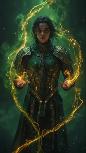 Create a cinematic ultra-HD portrait of a **mysterious, dark figure resembling a god of mischief** enveloped in swirling, ethereal **green and yellow mist**. The figure, wearing an intricate **dark green and black armor** with golden accents and detailed shoulder plates, stands with a focused, serene expression, exuding an aura of power and mystique. His face is slightly illuminated by the glowing **green energy** that he is conjuring in his hands, casting soft reflections on his **pale skin**. His **dark hair** flows back, almost blending with the smoky, dreamlike atmosphere surrounding him, giving him a magical, otherworldly appearance.

The **armor's metallic sheen** subtly catches the low light, emphasizing the fine craftsmanship of its design. His hands, positioned as if shaping energy, are at the center of the composition, with delicate, glowing **energy orbs** forming between his fingers, emitting a soft, swirling luminescence that further adds to the mystical ambiance.

In the background, a **smoky, green haze** floats around him, creating a layered, surreal environment that enhances the magical atmosphere. The entire scene is infused with a sense of mystery and impending action, with swirling energy and vapor that moves as if alive, encapsulating the figure in its chaotic, yet controlled, flow. The cinematic depth of the image, with vibrant glowing elements against darker tones, reflects both his **calm demeanor** and his **underlying power**, capturing the essence of a manipulative yet powerful character who commands both **physical and mystical realms** with finesse.