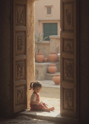 Create a serene and charming scene of a cute Indian girl sitting at the doorway of a traditional Indian house. She is dressed in a simple blouse and a colorful lower, with her hair loosely tied back. The house has earthy tones, with detailed wooden doors and a rustic ambiance. The girl sits comfortably, her expression relaxed and content, as she gazes outside. Sunlight softly filters through, casting a warm glow on her and the surroundings. The background includes elements like earthen pots, a courtyard, and greenery, evoking a peaceful, homely vibe in an Indian rural or semi-urban setting. The overall mood is calm and endearing, reflecting simplicity and traditional beauty.