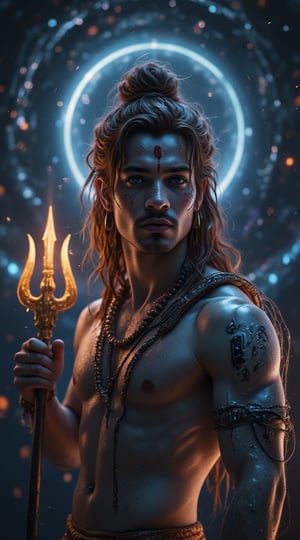 The portrait in **ultra HD 4K** resolution showcases a **muscular Lord Shiva**, his well-defined physique exuding both power and serenity. His broad, muscular chest and arms are prominently visible, with veins subtly coursing along his strong forearms, as he holds his glowing **Trishul** (trident) with ease. His wild, flowing **jataye** (matted hair) are coiled in a topknot with loose strands, from which the sacred **Ganga** flows. His face, calm yet commanding, is smeared with **bhasm** (ash) on his forehead, and his deep, half-closed eyes radiate wisdom and strength. Around his neck, a **Rudraksha mala** rests alongside the coiled serpent **Vasuki**, its intricate scales shimmering in the soft cosmic light. The backdrop is a swirling, infinite **universe**, with stars and galaxies blending with his divine aura, emphasizing his cosmic dominance. This highly detailed **4K** portrait captures the balance of Shiva's raw strength and spiritual transcendence.