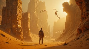 The man stands in the middle of a vast, shifting desert, where time itself seems to ripple through the air. Sands move slowly, and fragments of ancient structures hover mid-collapse, suspended in time. The golden sunlight casts long shadows across the dunes, creating an ethereal, dream-like atmosphere. The man’s silhouette is sharp, contrasting with the soft, distorted surroundings. In the distance, strange, futuristic objects drift through the air, as if time is fractured. The ultra HD 4k resolution captures every grain of sand, every flicker of light, creating an immensely detailed and surreal visual. The man’s figure remains steady as the world around him shifts and fractures, a clear nod to Nolan’s exploration of time and reality.