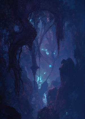 Celestial Jungle: A dense, misty forest with bioluminescent plants, illuminating the darkness with ethereal blues and purples. Massive, twisted roots and hanging vines pulse faintly with unknown life energy, resembling veins. Shimmering, translucent creatures float through, leaving trails of light