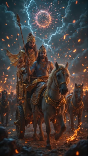 "Create a highly detailed, ultra-HD portrait of **Arjun and Lord Krishna** in the midst of the Mahabharata battlefield, seated together on a grand, golden chariot. The scene should capture the intensity of the **Kurukshetra war**, with a cinematic backdrop of swirling dust, clashing armies, and the distant glow of fires and thunderous clouds filling the sky. **Arjun**, the great warrior, is depicted standing tall at the front of the chariot, his powerful frame holding the divine bow **Gandiva**, with an expression of determination mixed with inner conflict. His armor gleams with intricate detailing, adorned with traditional Indian motifs, reflecting his royal Kshatriya status. His long hair flows in the wind as he prepares to face his destiny. 

Beside him, seated calmly at the reins of the chariot, is **Lord Krishna**, portrayed as his divine charioteer. Krishna's serene expression contrasts with the chaos around them, his radiant blue skin glowing softly with divine energy. He holds the reins of the chariot with one hand, while the other is raised in a gesture of wisdom and reassurance, symbolizing his guidance to Arjun. Krishna's golden crown and silk garments, adorned with jewels and intricate patterns, give off a divine aura, reflecting his celestial nature. 

The horses pulling the chariot are white, galloping with immense speed and strength, their muscles rippling, adding to the dynamic motion of the scene. In the background, the vast battlefield stretches out, filled with warriors, elephants, and war cries, but all fading into insignificance compared to the powerful bond between Arjun and Krishna. Above them, the sky is a dramatic blend of dark clouds, lightning, and cosmic light, hinting at the supernatural forces at play. Krishna’s cosmic presence subtly hints at his divine role as the protector of dharma, while Arjun's stance embodies the warrior grappling with his duty and the profound teachings of the Bhagavad Gita. The entire scene should exude a **cinematic, epic grandeur**, with intricate details capturing the historical and spiritual weight of this moment, presented in 4K ultra-HD resolution, blending traditional Indian aesthetics with modern storytelling."