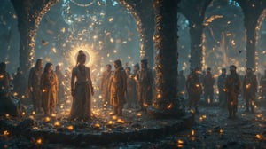 In this cinematic shot, Krishna (male) stands in the center, holding a lotus flower, symbolizing truth, non-violence, and love. His face radiates compassion, and his body glows with a divine light, representing the purity of dharma, satya (truth), and ahimsa (non-violence). Around him, soft light beams filter through the clouds, creating a serene, heavenly atmosphere. Surrounding Krishna are peaceful scenes of nature—a gentle river flowing, birds flying, and flowers blooming—all symbolizing the essence of peace and love. Arjuna (male) stands beside Krishna, looking towards him with deep reverence, representing his dedication to the path of dharma. The wide-angle shot captures the beauty and harmony of the natural world, while the close-ups focus on the serenity in Krishna’s expression. In 4K Ultra HD, the intricate details of their attire, the soft shimmer of the light, and the peaceful environment come alive, creating a deeply spiritual and visually stunning moment in the style of Christopher Nolan.

