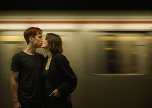 Create a cinematic, intimate moment of a couple sharing a kiss on a subway platform. The couple should be young, with one person having short, reddish-brown hair and wearing dark clothing, and the other with wavy, shoulder-length brown hair, wearing a loose jacket over a dark outfit. The setting features a subway train speeding by in the background, with the blurred motion contrasting the stillness of the couple. The lighting is dim, with a warm, yellowish glow reflecting off the train, creating a moody, romantic atmosphere. The overall image evokes a sense of connection amidst the urban hustle, with soft, tender emotions at the forefront.