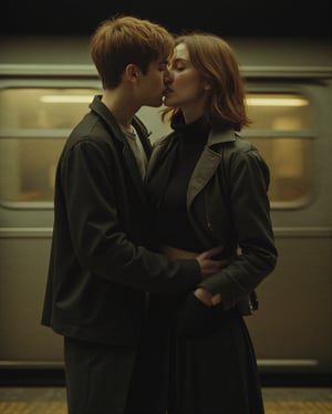 Create a cinematic, intimate moment of a couple sharing a kiss on a subway platform. The couple should be young, with one person having short, reddish-brown hair and wearing dark clothing, and the other with wavy, shoulder-length brown hair, wearing a loose jacket over a dark outfit. The setting features a subway train speeding by in the background, with the blurred motion contrasting the stillness of the couple. The lighting is dim, with a warm, yellowish glow reflecting off the train, creating a moody, romantic atmosphere. The overall image evokes a sense of connection amidst the urban hustle, with soft, tender emotions at the forefront.