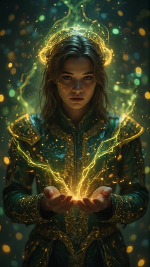 Create a cinematic ultra-HD portrait of a **mysterious, dark figure resembling a god of mischief** enveloped in swirling, ethereal **green and yellow mist**. The figure, wearing an intricate **dark green and black armor** with golden accents and detailed shoulder plates, stands with a focused, serene expression, exuding an aura of power and mystique. His face is slightly illuminated by the glowing **green energy** that he is conjuring in his hands, casting soft reflections on his **pale skin**. His **dark hair** flows back, almost blending with the smoky, dreamlike atmosphere surrounding him, giving him a magical, otherworldly appearance.

The **armor's metallic sheen** subtly catches the low light, emphasizing the fine craftsmanship of its design. His hands, positioned as if shaping energy, are at the center of the composition, with delicate, glowing **energy orbs** forming between his fingers, emitting a soft, swirling luminescence that further adds to the mystical ambiance.

In the background, a **smoky, green haze** floats around him, creating a layered, surreal environment that enhances the magical atmosphere. The entire scene is infused with a sense of mystery and impending action, with swirling energy and vapor that moves as if alive, encapsulating the figure in its chaotic, yet controlled, flow. The cinematic depth of the image, with vibrant glowing elements against darker tones, reflects both his **calm demeanor** and his **underlying power**, capturing the essence of a manipulative yet powerful character who commands both **physical and mystical realms** with finesse.