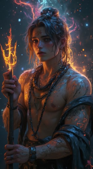 The portrait in **ultra HD 4K** resolution showcases a **muscular Lord Shiva**, his well-defined physique exuding both power and serenity. His broad, muscular chest and arms are prominently visible, with veins subtly coursing along his strong forearms, as he holds his glowing **Trishul** (trident) with ease. His wild, flowing **jataye** (matted hair) are coiled in a topknot with loose strands, from which the sacred **Ganga** flows. His face, calm yet commanding, is smeared with **bhasm** (ash) on his forehead, and his deep, half-closed eyes radiate wisdom and strength. Around his neck, a **Rudraksha mala** rests alongside the coiled serpent **Vasuki**, its intricate scales shimmering in the soft cosmic light. The backdrop is a swirling, infinite **universe**, with stars and galaxies blending with his divine aura, emphasizing his cosmic dominance. This highly detailed **4K** portrait captures the balance of Shiva's raw strength and spiritual transcendence.