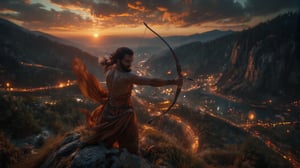 In a Christopher Nolan-inspired epic shot, the scene opens with a breathtaking extreme wide-angle view of an expansive battlefield set against the backdrop of a twilight sky, where the faint glow of the setting sun meets the deepening shades of night. The landscape stretches infinitely, framed by towering mountains and dense forests on either side, creating a dramatic contrast between the natural beauty and the tension of impending battle. In the center of this grand scene stands Bhagwan Ram, captured in a dynamic action pose, his body angled as he draws his bow with effortless precision. The cinematic lighting is intense and strategic, casting sharp, golden highlights on Ram’s face and figure, while shadows dance across the ground, adding depth and tension to the moment. His expression is one of focused determination, eyes narrowed with divine intent, the bowstring pulled taut as he prepares to release his arrow. The shot transitions smoothly between this wide-angle panorama and a sharp portrait of Ram, zooming in on his resolute face and the intricate details of his attire—his warrior dhoti flowing in the wind, his muscular arms flexed in readiness. The scene encapsulates the grandeur of an epic saga, blending wide-scale cinematic beauty with intimate character focus, all in the style of a perfectly framed, high-stakes Nolan shot.