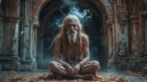 A solitary Indian old age sadhu sits cross-legged, his body smeared with ash (bhasm) that highlights his intense, meditative presence. He wears a garland of rudraksha beads around his neck, their earthy tones contrasting against the pale ash on his skin. His eyes are closed in deep contemplation, and his long, unkempt hair falls over his shoulders. Surrounding him is a thin veil of smoke, rising from an incense or small sacred fire nearby, giving the scene an ethereal, mystical quality. The atmosphere is heavy with stillness, interrupted only by the soft curls of smoke that weave through the air. In the background looms an ancient, abandoned haveli, its crumbling walls and intricate, faded carvings telling stories of a forgotten era. The haveli, with its weathered stone and overgrown vines, adds a haunting, timeless backdrop to the sadhu’s presence, symbolizing the contrast between worldly decay and spiritual transcendence. The composition focuses on the sadhu’s serenity, framed by the eerie silence of the deserted mansion, creating a cinematic, almost otherworldly visual experience.