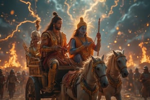 "Create a highly detailed, ultra-HD portrait of **Arjun and Lord Krishna** in the midst of the Mahabharata battlefield, seated together on a grand, golden chariot. The scene should capture the intensity of the **Kurukshetra war**, with a cinematic backdrop of swirling dust, clashing armies, and the distant glow of fires and thunderous clouds filling the sky. **Arjun**, the great warrior, is depicted standing tall at the front of the chariot, his powerful frame holding the divine bow **Gandiva**, with an expression of determination mixed with inner conflict. His armor gleams with intricate detailing, adorned with traditional Indian motifs, reflecting his royal Kshatriya status. His long hair flows in the wind as he prepares to face his destiny. 

Beside him, seated calmly at the reins of the chariot, is **Lord Krishna**, portrayed as his divine charioteer. Krishna's serene expression contrasts with the chaos around them, his radiant blue skin glowing softly with divine energy. He holds the reins of the chariot with one hand, while the other is raised in a gesture of wisdom and reassurance, symbolizing his guidance to Arjun. Krishna's golden crown and silk garments, adorned with jewels and intricate patterns, give off a divine aura, reflecting his celestial nature. 

The horses pulling the chariot are white, galloping with immense speed and strength, their muscles rippling, adding to the dynamic motion of the scene. In the background, the vast battlefield stretches out, filled with warriors, elephants, and war cries, but all fading into insignificance compared to the powerful bond between Arjun and Krishna. Above them, the sky is a dramatic blend of dark clouds, lightning, and cosmic light, hinting at the supernatural forces at play. Krishna’s cosmic presence subtly hints at his divine role as the protector of dharma, while Arjun's stance embodies the warrior grappling with his duty and the profound teachings of the Bhagavad Gita. The entire scene should exude a **cinematic, epic grandeur**, with intricate details capturing the historical and spiritual weight of this moment, presented in 4K ultra-HD resolution, blending traditional Indian aesthetics with modern storytelling."