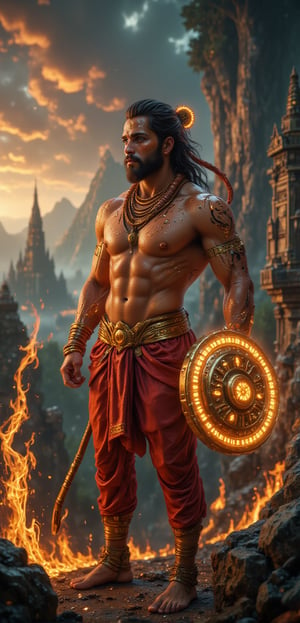 In this **ultra HD 4K** portrait, **Lord Hanuman** is depicted in a strong, traditional **Indian pose**, embodying loyalty, strength, and devotion. Hanuman, a powerful **man-god**, stands tall with his muscular, well-defined body exuding divine energy. His broad chest and powerful arms are adorned with sacred **Rudraksha malas** and golden armbands, symbolizing his immense strength and devotion. His skin is a divine golden hue, and his expressive face is both fierce and compassionate, crowned with a traditional **mukut** (crown). His eyes, filled with unwavering devotion, are fixed forward, reflecting his eternal loyalty to Lord Ram. His face is calm yet resolute, with an aura of spiritual grace.

Hanuman’s tail curls upward behind him, adding to his powerful stance, while in his right hand, he holds a large, intricately designed **gada** (mace), glowing with divine energy. His **dhoti**, made of fine red silk with gold trim, wraps around his waist, and a sacred thread runs across his broad chest. The details of his attire are rich in traditional Indian craftsmanship, with golden accents and jewels reflecting his divine status. His posture is upright and heroic, exuding the strength of a protector.

The background is a vast **Indian forest landscape**, symbolizing his adventures and deep connection to nature. In the distance, the sky is filled with soft, golden light, and faint traces of ancient temples can be seen, evoking the ambiance of **ancient India**. The intricate details of Hanuman’s mace, attire, and facial expressions are rendered in stunning 4K resolution, highlighting every fine detail of his divine form. This portrait captures the essence of **Hanuman**, blending **Indian tradition** with his divine role as the ultimate symbol of devotion and strength.