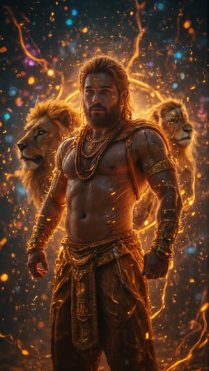 "Create an ultra-HD, highly detailed horizontal portrayal of **Panchamukhi Hanuman**, with all five faces displayed in a perfectly aligned horizontal formation. The central face, **Hanuman**, the monkey-headed divine being, represents his unwavering devotion to Lord Rama, with eyes that burn with a mix of compassion and fiery resolve. His strong fur-covered face is textured with intricate detailing, from the divine sandalwood tilak on his forehead to the deep lines of wisdom and power on his features. Hanuman's expression shows both his protective nature and his ability to crush evil with sheer might.

To Hanuman’s immediate right is the **Narasimha** face, the lion-headed avatar, radiating a fierce protective aura. Narasimha’s wild golden mane flows outward, as if bristling with energy, his sharp fangs and fierce gaze showcasing his readiness to destroy evil forces. The lion face emits raw power, with every hair, snarl, and glowing eye drawn in precise detail. His face alone speaks of his unstoppable rage against injustice and evil.

To Hanuman’s left is the **Garuda** face, an eagle-headed deity symbolizing swiftness and vigilance. Garuda's sharp beak and focused, piercing eyes bring a sense of swift protection and courage. Every feather on Garuda's head is delicately detailed, adding a regal touch to his form. His expression conveys a deep sense of alertness and speed, highlighting Hanuman’s ability to come to the aid of his devotees with unmatched speed.

Next to Garuda on the far left is **Varaha**, the boar-headed form of Vishnu, symbolizing Hanuman’s immense strength and ability to lift the Earth out of destruction. Varaha's muscular snout and prominent tusks are beautifully drawn, with every inch of his rough and powerful head radiating the strength to overcome any obstacle. His fierce eyes and strong jaw exude a raw, primal power, showing Hanuman’s unstoppable strength and resilience.

On the far right, balancing the composition, is **Hayagriva**, the horse-headed deity symbolizing wisdom and knowledge. His smooth and elegant face is meticulously crafted, with a serene expression that radiates deep intellect and spiritual clarity. His flowing mane, expertly detailed, adds a touch of grace and wisdom, and his calm eyes symbolize the power of divine knowledge that Hanuman possesses.

All five faces of Hanuman are intricately aligned in a **horizontal line**, symbolizing unity in diversity, each representing a distinct aspect of Hanuman’s personality and divine power. His **muscular body** is adorned with sacred jewelry, with fine details capturing the glint of gold and the divine energy that emanates from his being. His posture is commanding, with his **gada (mace)** held in one hand, showing his strength as a warrior, and his other hands displaying mudras of protection and blessing, radiating divine light.

The **cinematic background** blends a cosmic universe with swirling nebulae, stardust, and beams of divine light, highlighting Hanuman’s cosmic nature and his role as protector of the universe. The words "Jai Shri Ram" echo in radiant golden script behind him, blending into the fabric of the cosmos, symbolizing his eternal devotion to Lord Rama. The flowing rudraksha beads around his neck, the divine aura emanating from his five faces, and the powerful swirl of cosmic energy in the background create a truly epic scene, capturing the essence of **Panchamukhi Hanuman** in all his divine power and glory.

This **4K ultra-HD horizontal portrait** blends **Indian mythology** with a **cinematic visual style**, capturing the profound might, wisdom, and swiftness of Hanuman in an awe-inspiring horizontal composition that exudes divinity, strength, and cosmic energy."