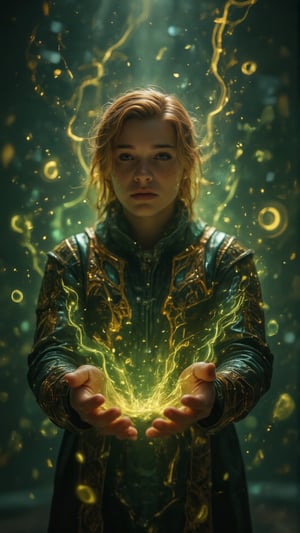 Create a cinematic ultra-HD portrait of a **mysterious, dark figure resembling a god of mischief** enveloped in swirling, ethereal **green and yellow mist**. The figure, wearing an intricate **dark green and black armor** with golden accents and detailed shoulder plates, stands with a focused, serene expression, exuding an aura of power and mystique. His face is slightly illuminated by the glowing **green energy** that he is conjuring in his hands, casting soft reflections on his **pale skin**. His **dark hair** flows back, almost blending with the smoky, dreamlike atmosphere surrounding him, giving him a magical, otherworldly appearance.

The **armor's metallic sheen** subtly catches the low light, emphasizing the fine craftsmanship of its design. His hands, positioned as if shaping energy, are at the center of the composition, with delicate, glowing **energy orbs** forming between his fingers, emitting a soft, swirling luminescence that further adds to the mystical ambiance.

In the background, a **smoky, green haze** floats around him, creating a layered, surreal environment that enhances the magical atmosphere. The entire scene is infused with a sense of mystery and impending action, with swirling energy and vapor that moves as if alive, encapsulating the figure in its chaotic, yet controlled, flow. The cinematic depth of the image, with vibrant glowing elements against darker tones, reflects both his **calm demeanor** and his **underlying power**, capturing the essence of a manipulative yet powerful character who commands both **physical and mystical realms** with finesse.