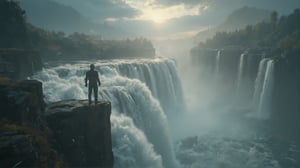 In this Christopher Nolan cinematic shot, the scene opens with a man standing on the very edge of a massive, roaring waterfall, his back to the camera. The force of the cascading water is deafening, drowning out all other sounds. The man, dressed in dark, rugged clothing, stands still as the powerful mist rises around him. The landscape is otherworldly, featuring towering cliffs and lush, fog-covered forests in the background. The camera captures the scale of the waterfall in ultra HD 4k, making the viewer feel the vertigo-inducing height and power of the scene. The lighting is soft, with the sun piercing through the mist, casting long shadows and illuminating the man’s silhouette in a serene yet overwhelming moment of reflection.