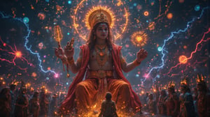 "Create an awe-inspiring, ultra-detailed portrait of **Lord Krishna's Vishvaroop** as depicted in the Bhagavad Gita during the Mahabharata war. Krishna is shown in his cosmic, all-encompassing form, with countless heads, eyes, and limbs radiating divine energy in all directions. His form should be vast and infinite, stretching beyond the confines of the image to represent the entirety of the universe. Multiple faces should reflect various emotions—compassion, anger, tranquility, and power—each face glowing with divine brilliance. His skin is radiant, shimmering with hues of blue and gold, symbolizing eternity and the boundless nature of the cosmos. Surrounding Krishna, there should be celestial beings, sages, gods, and goddesses, who are both in awe and reverence of his immense power. The background is a swirling, cosmic expanse filled with galaxies, stars, and nebulae, blending the infinite time and space. You can see elements of creation and destruction—planets being formed and others collapsing—illustrating his role as the creator, sustainer, and destroyer. In one hand, Krishna holds a mighty discus (Sudharshan Chakra) spinning with tremendous speed, symbolizing the cycle of life and death. His other hands hold various divine weapons and sacred symbols, emphasizing his role as the protector of dharma. The scene is illuminated by a supernatural glow, with lightning bolts striking around him, as if the very fabric of reality is bending to his will. Arjun, seated in his chariot in the foreground, looks up at Krishna with awe and fear, his bow Gandiva lowered in surrender, reflecting his humility and realization of the divine truth. This portrait should convey a sense of overwhelming power, divinity, and the incomprehensible nature of the universe, captured in an intricate, cinematic style with ultra-HD, 4K resolution, blending ancient Indian traditional art with modern cosmic aesthetics."