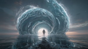 Man standing in front of a massive tidal wave frozen in time: In this surreal, ultra HD 4k shot, a man with his back to the camera stands calmly as a colossal tidal wave rises in front of him, frozen in time just before it crashes. The wave is so massive that it towers above the man, its intricate details—swirling water, the crest of the wave, glistening droplets—captured in perfect, cinematic detail. The horizon beyond the wave is a serene sunset, casting an ethereal light across the scene. The man appears small yet resolute, standing his ground against the frozen force of nature. The camera slowly pans, emphasizing the scale of the wave in contrast to the man’s quiet composure. The scene blends awe-inspiring natural power with a mysterious sense of calm, making it feel like a moment suspended in time.