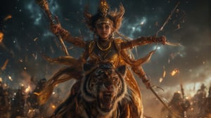 The subject is Maa Chandraghanta, a fierce and protective warrior goddess riding a roaring tiger. Her face is adorned with a glowing crescent moon on her forehead, her eyes fierce yet compassionate. She wears a golden armor-like sari, glinting under the sun, intricately detailed with symbols of strength and protection. Her multiple arms hold weapons such as a sword, bow, and mace, poised for battle. The background is a battlefield, dust swirling around her, under a sky darkened by storm clouds. The cinematic style is intense and action-packed, capturing the energy and motion as her tiger leaps forward, with dynamic camera angles and dramatic lighting akin to Nolan’s epic battle sequences.