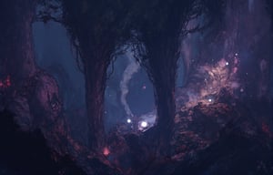 Celestial Jungle: A dense, misty forest with bioluminescent plants, illuminating the darkness with ethereal blues and purples. Massive, twisted roots and hanging vines pulse faintly with unknown life energy, resembling veins. Shimmering, translucent creatures float through, leaving trails of light