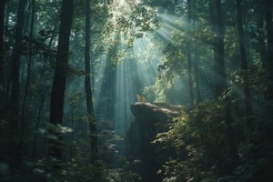 A wide-angle shot captures the untouched beauty of an isolated forest, surrounded by towering trees with rays of sunlight filtering through the canopy, casting an ethereal glow. In the middle, a lone fox stands on a rocky outcrop, its orange fur gleaming against the backdrop of deep greens and soft blues. The camera perspective emphasizes the vastness of nature, with the fox appearing small yet central, symbolizing resilience in the wilderness. The scene feels quiet yet powerful, evoking a sense of solitude and tranquility.